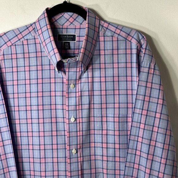 Club Room Dress Shirt Men's 17.5 32-33 Regular Fit Performance Blue Pink Plaid - Picture 4 of 13